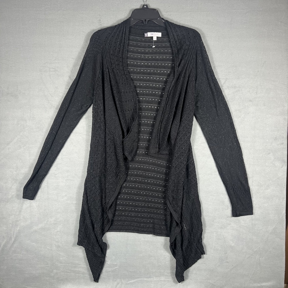 Jennifer Lopez Women's Black Shimmer Open Knit Draped Cardigan Sweater Size L